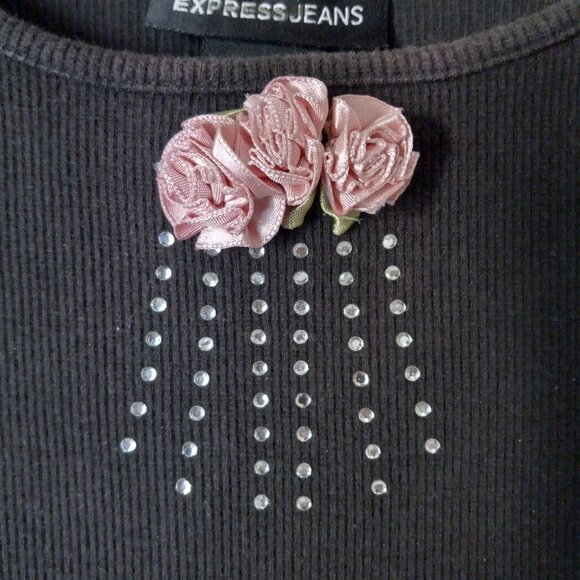 EXPRESS Olive Green Tank with Pink Roses and Sequins Women's S - Picture 3 of 4